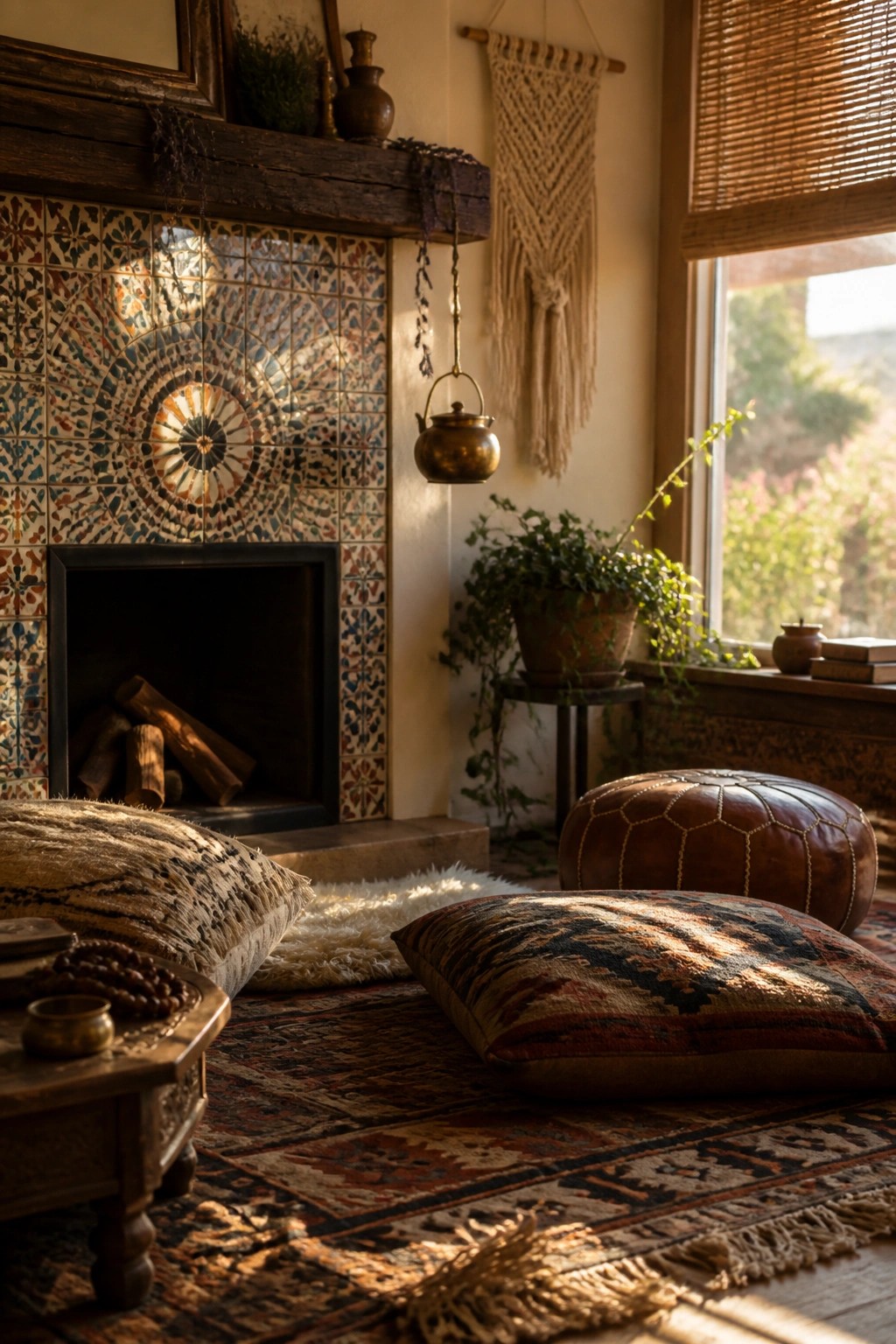 A fireplace surround covered in colorful patterned ceramic tiles with a central circular medallion design, set beneath a dark wooden mantel.