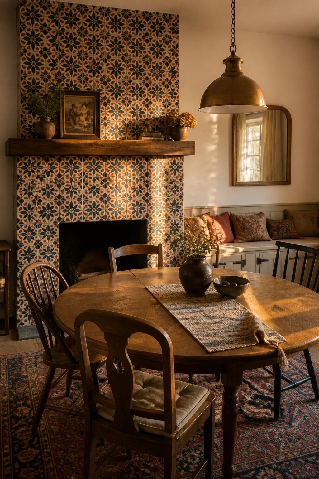 A dining room featuring a large fireplace covered in colorful patterned tiles with a round wooden table and chairs in the foreground.