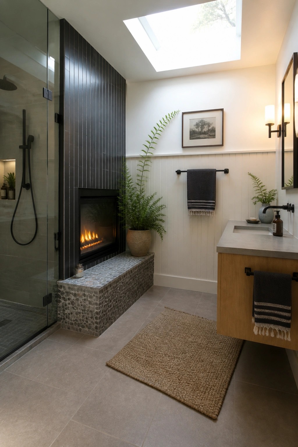 A bathroom interior showing a black fireplace with a pebble stone hearth next to a glass shower and a floating wood vanity.