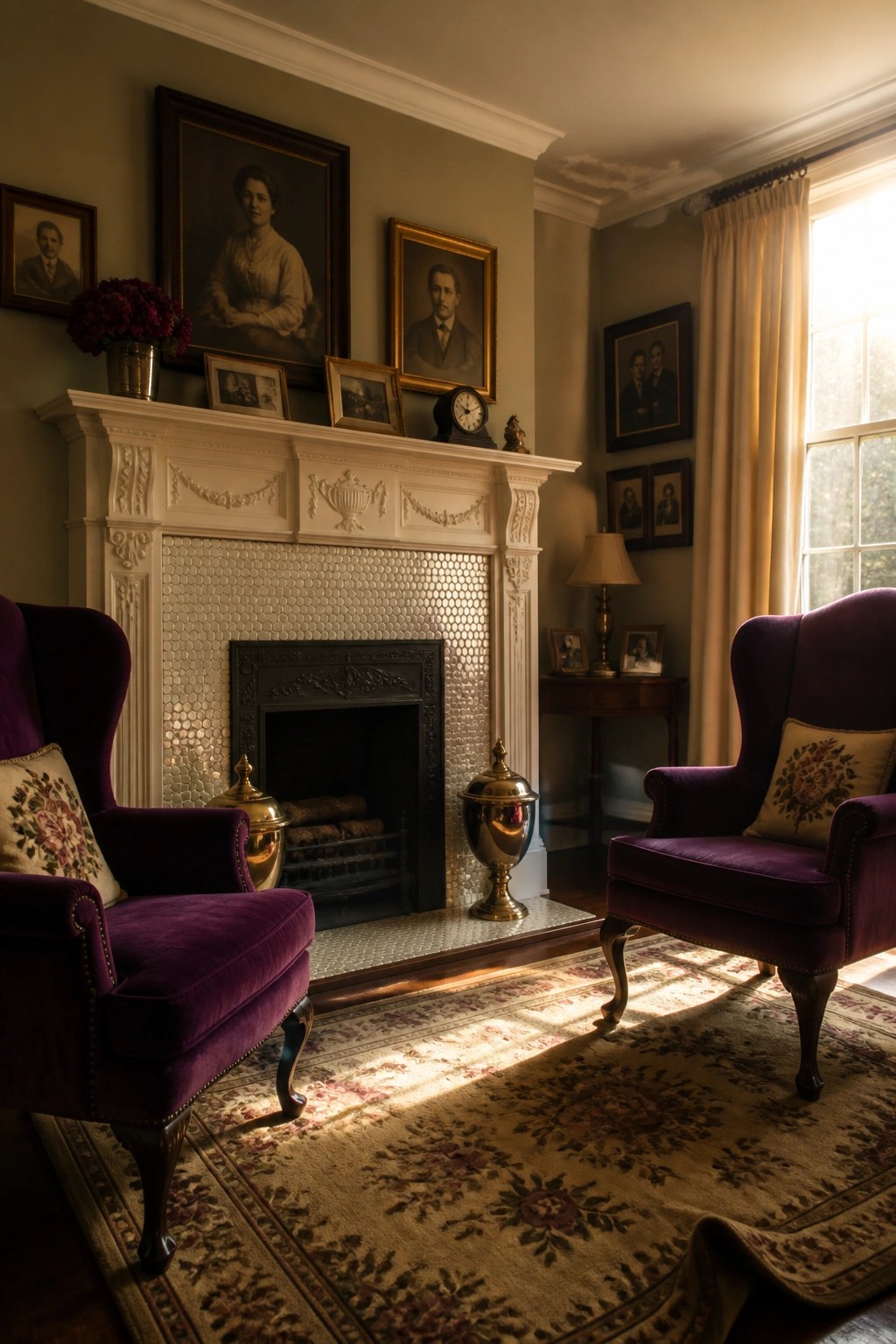 A living room fireplace featuring a white ornate mantel and a firebox surround covered in small metallic penny tiles, with purple velvet armchairs positioned on either side.