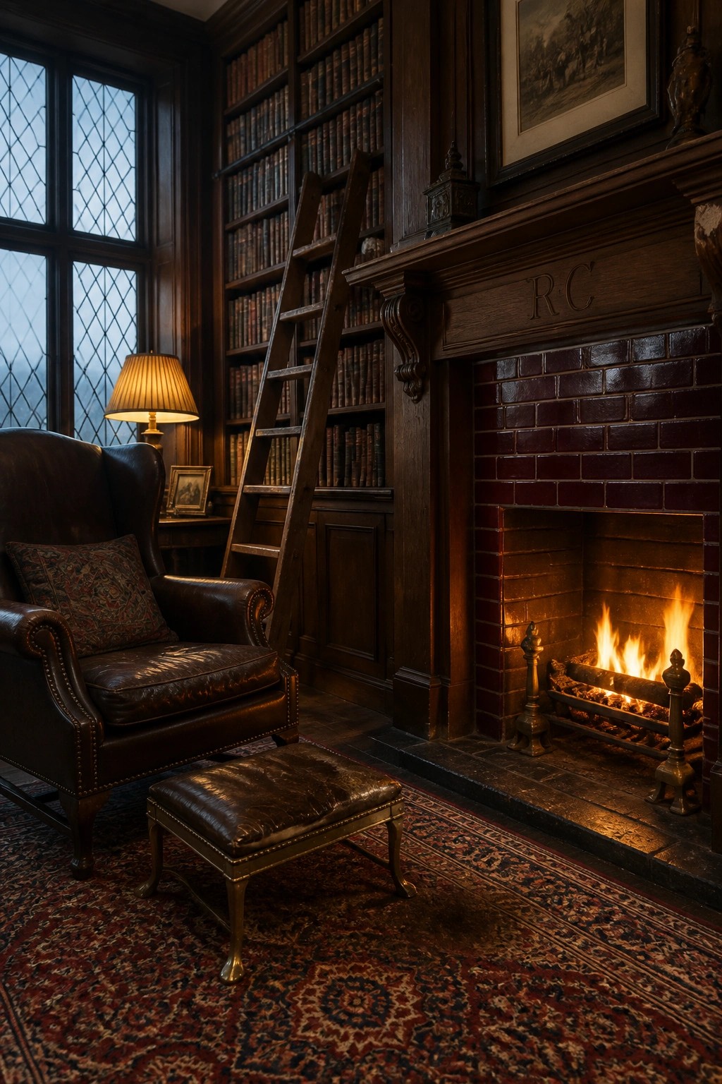 A cozy library interior with a fireplace surrounded by red brick tiles, a dark wood mantel, leather armchair, and built-in bookshelves.
