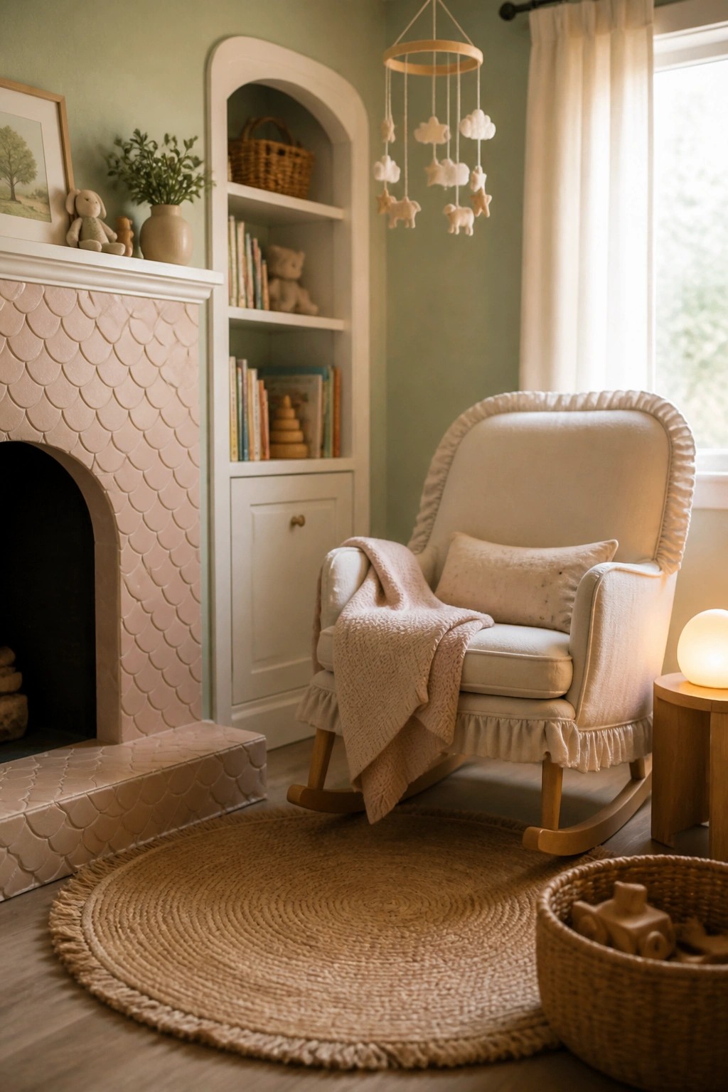 A pink scalloped tile fireplace with an arched opening in a light green room with a white rocking chair and built-in shelves.