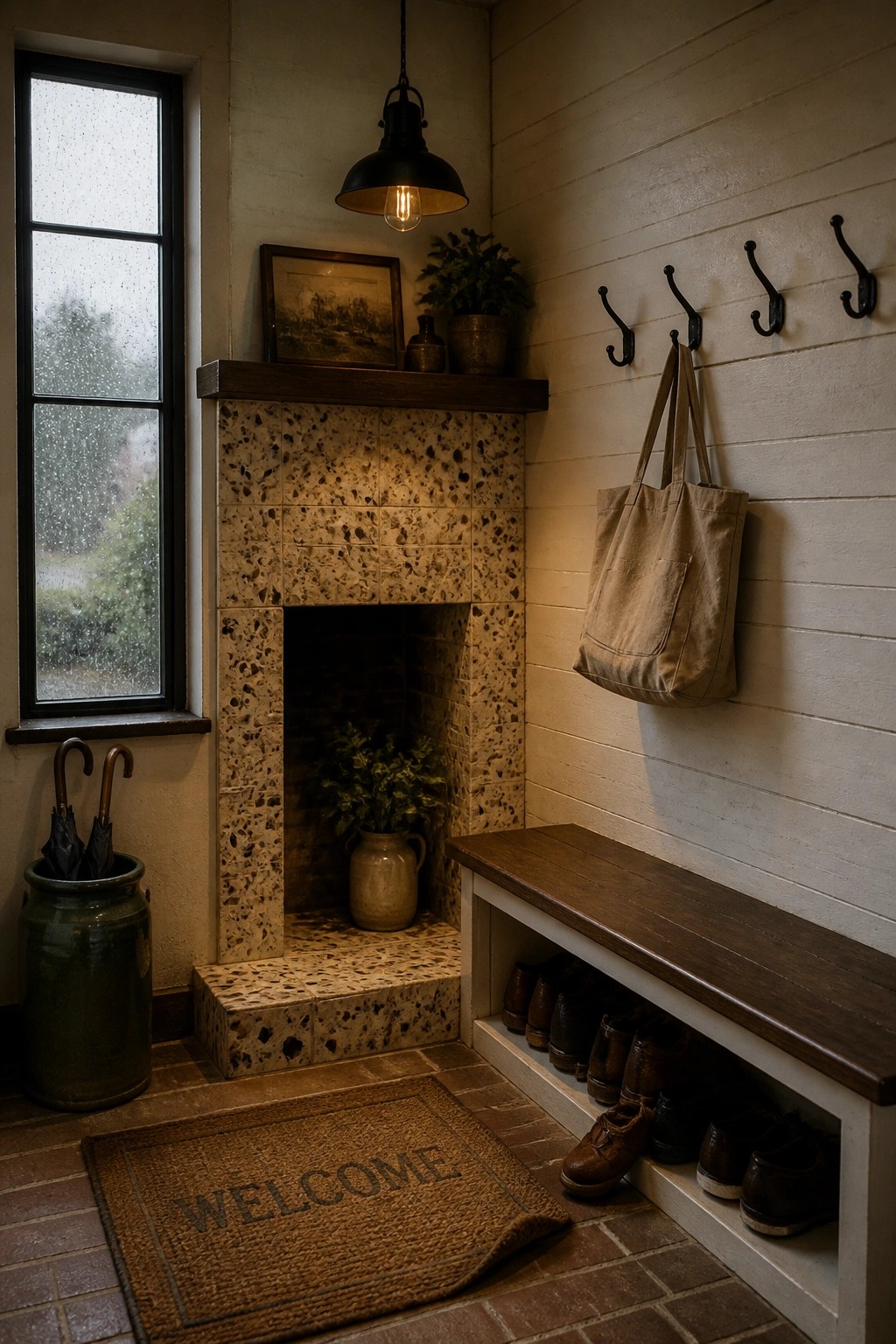 A fireplace with speckled beige and brown tile surround and a wooden mantel in an interior space with a storage bench below.