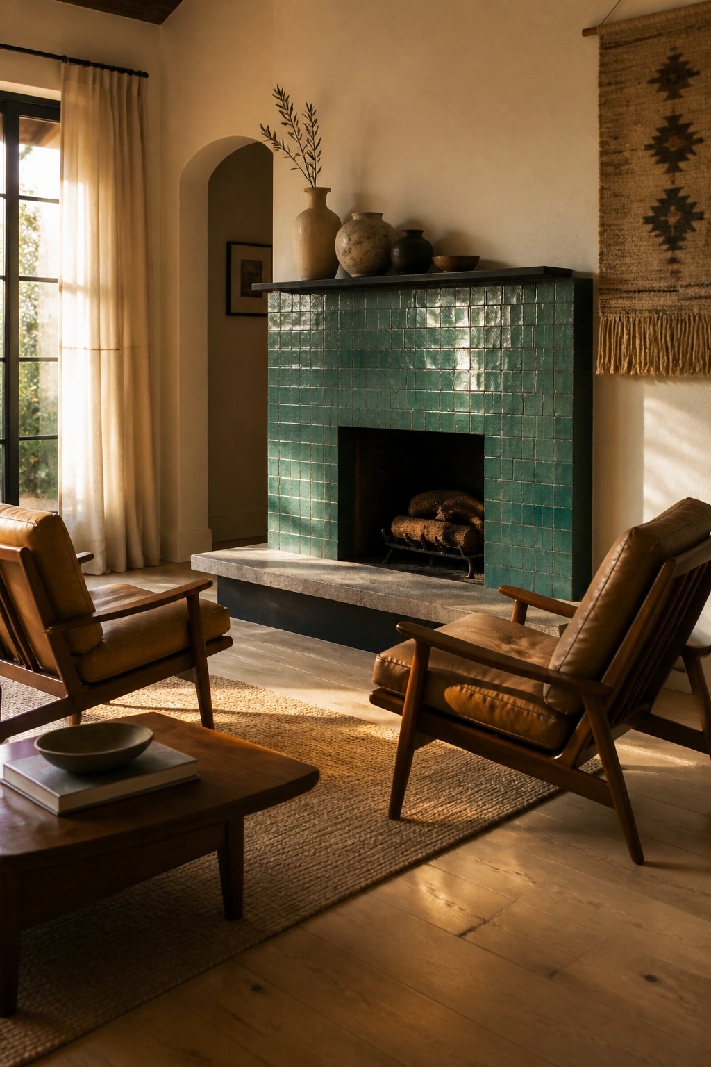 A living room shows a fireplace surround covered in teal square tiles with two brown leather armchairs and a wooden coffee table on a woven rug.