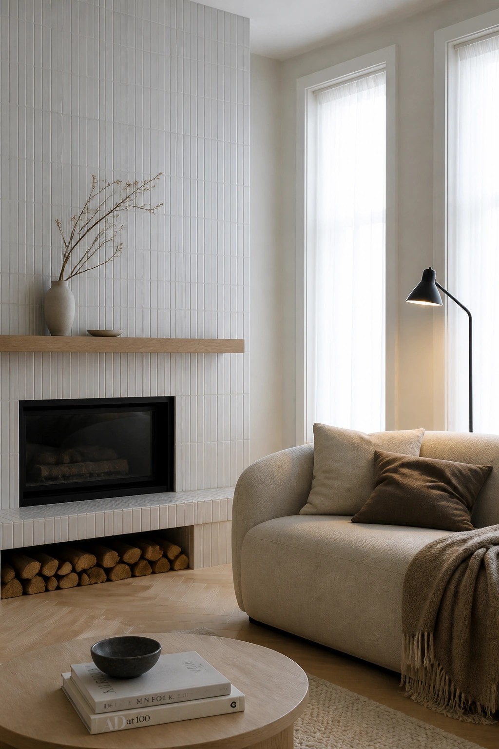 A living room with a white vertical tile fireplace surround, black firebox, wooden mantel, and beige sofa to the right.