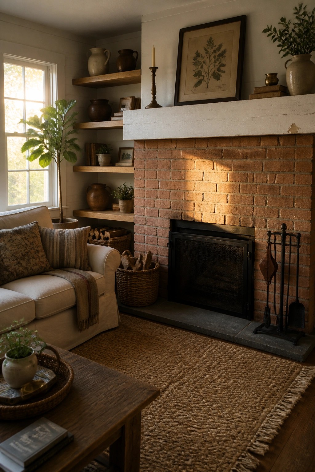 A living room with a red brick fireplace, white wooden mantel, wooden floating shelves, and a white sofa in front of a window.