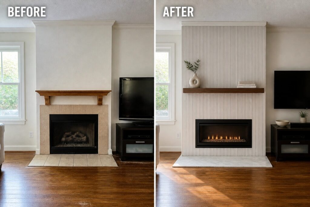 18 Modern Fireplace Makeover Ideas Using Fluted Wood Surrounds Before and after of living room fireplace from traditional tile to modern fluted design.