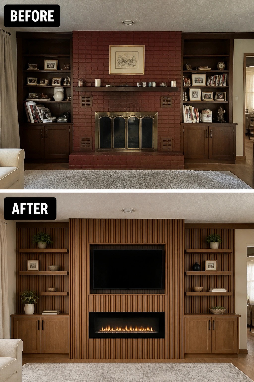 Before-and-after living room renovation replacing red brick fireplace with modern wood media wall.