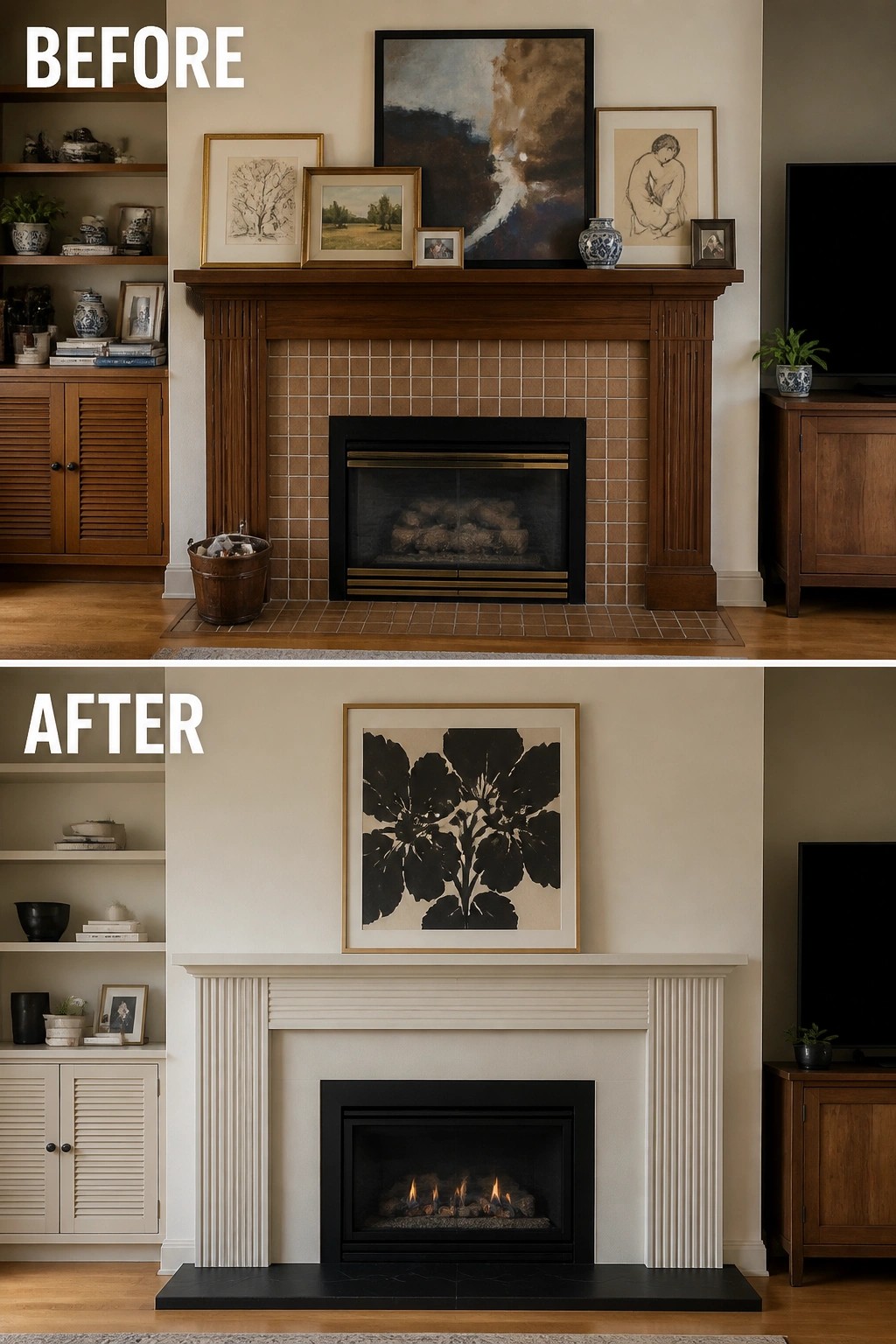 Before and after view of fireplace with dark wood versus white mantel and art.
