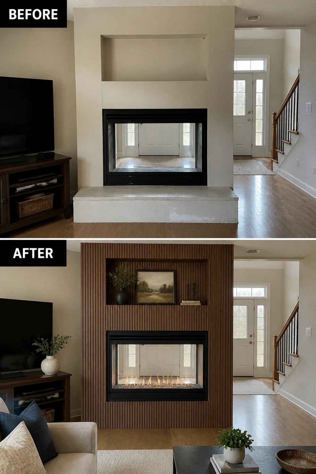 Before-and-after image of a fireplace wall updated with a fluted wood surround and built-in shelving.