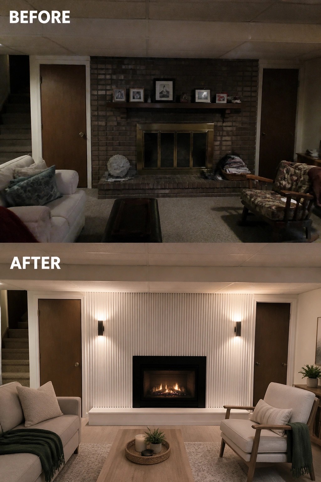 Before-and-after image of a living room fireplace changed from dark brick with a brass insert to a white fluted wood surround with a modern black fireplace.