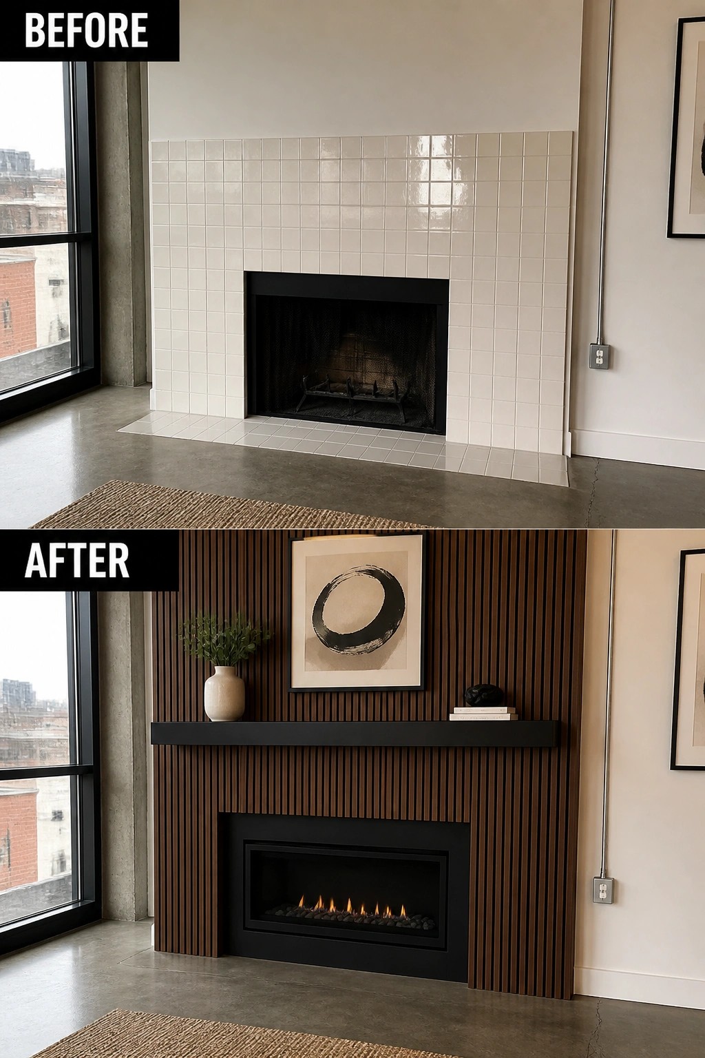 Before white-tiled fireplace above after dark wood slat fireplace with black mantel and flames.