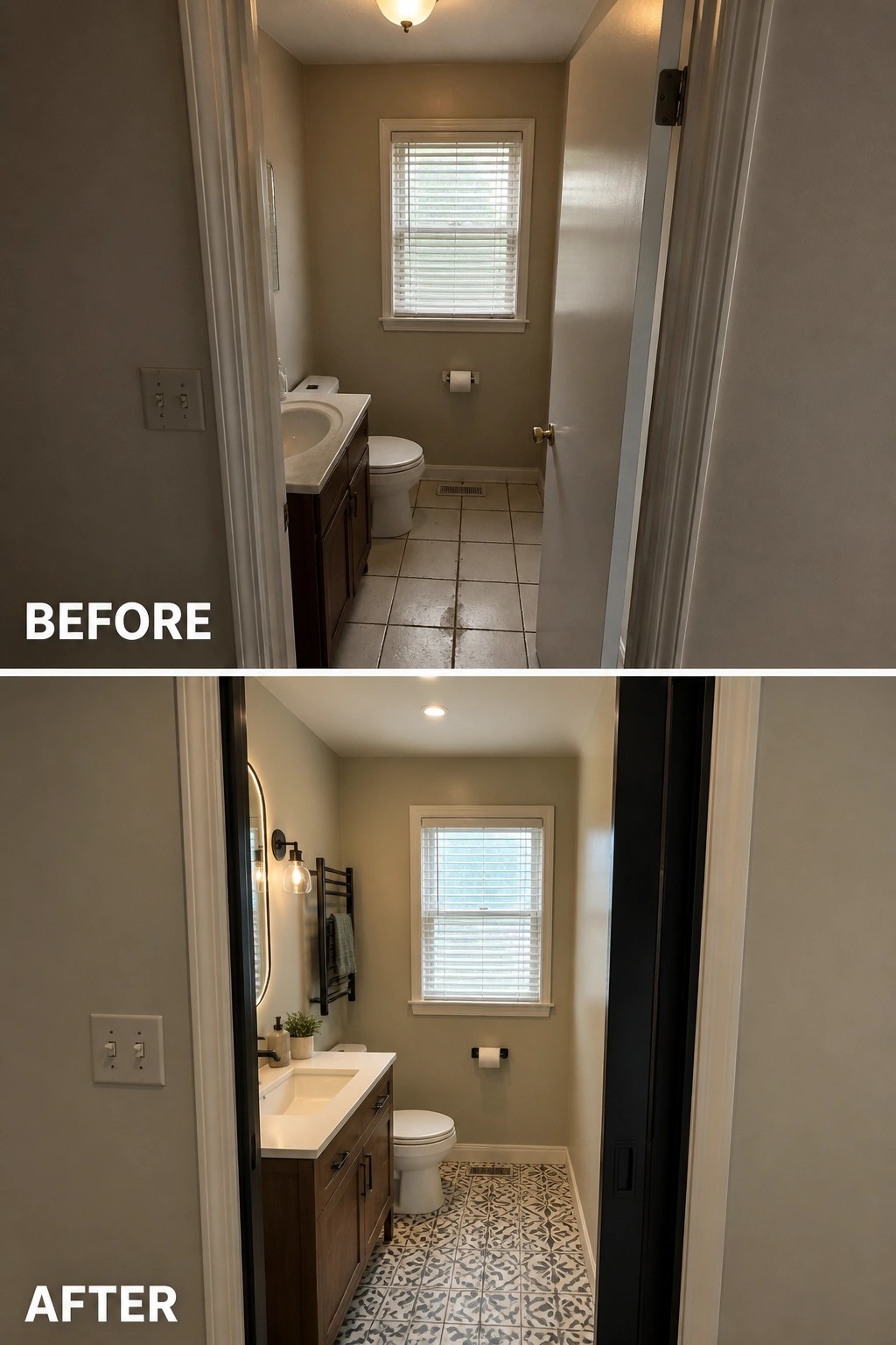 Before-and-after image of a small bathroom showing a standard door replaced with a pocket door and updated flooring and fixtures.