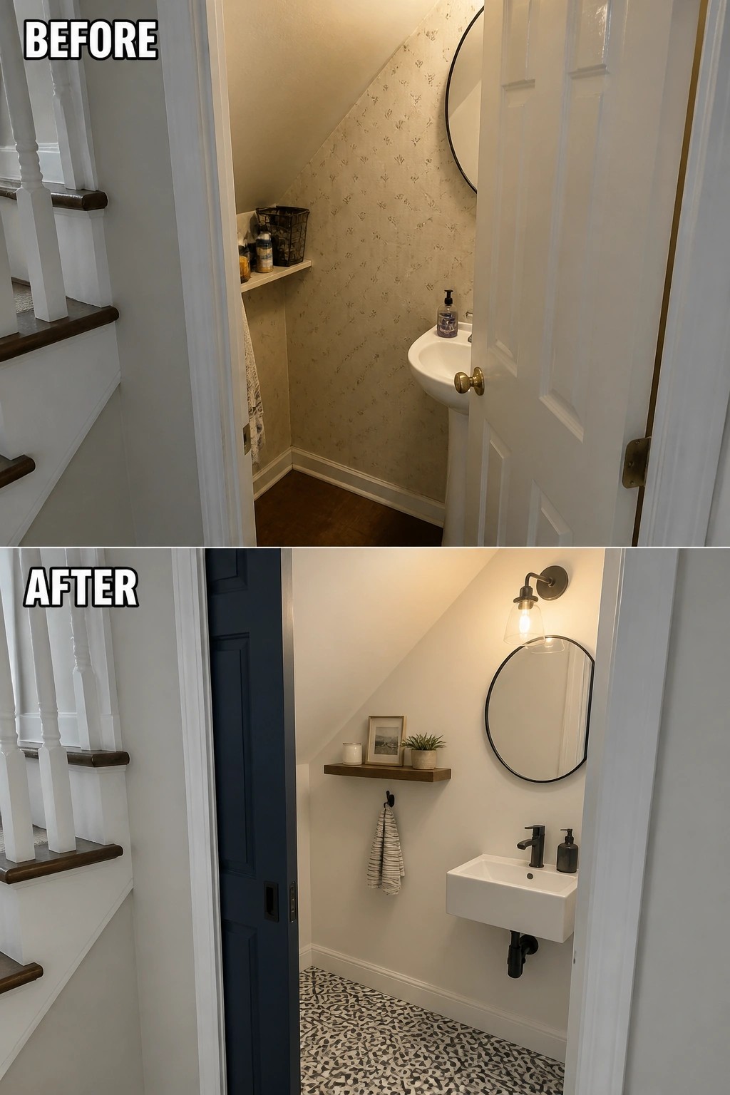 Before and after of renovated bathroom under stairs with new walls, floor, and fixtures.