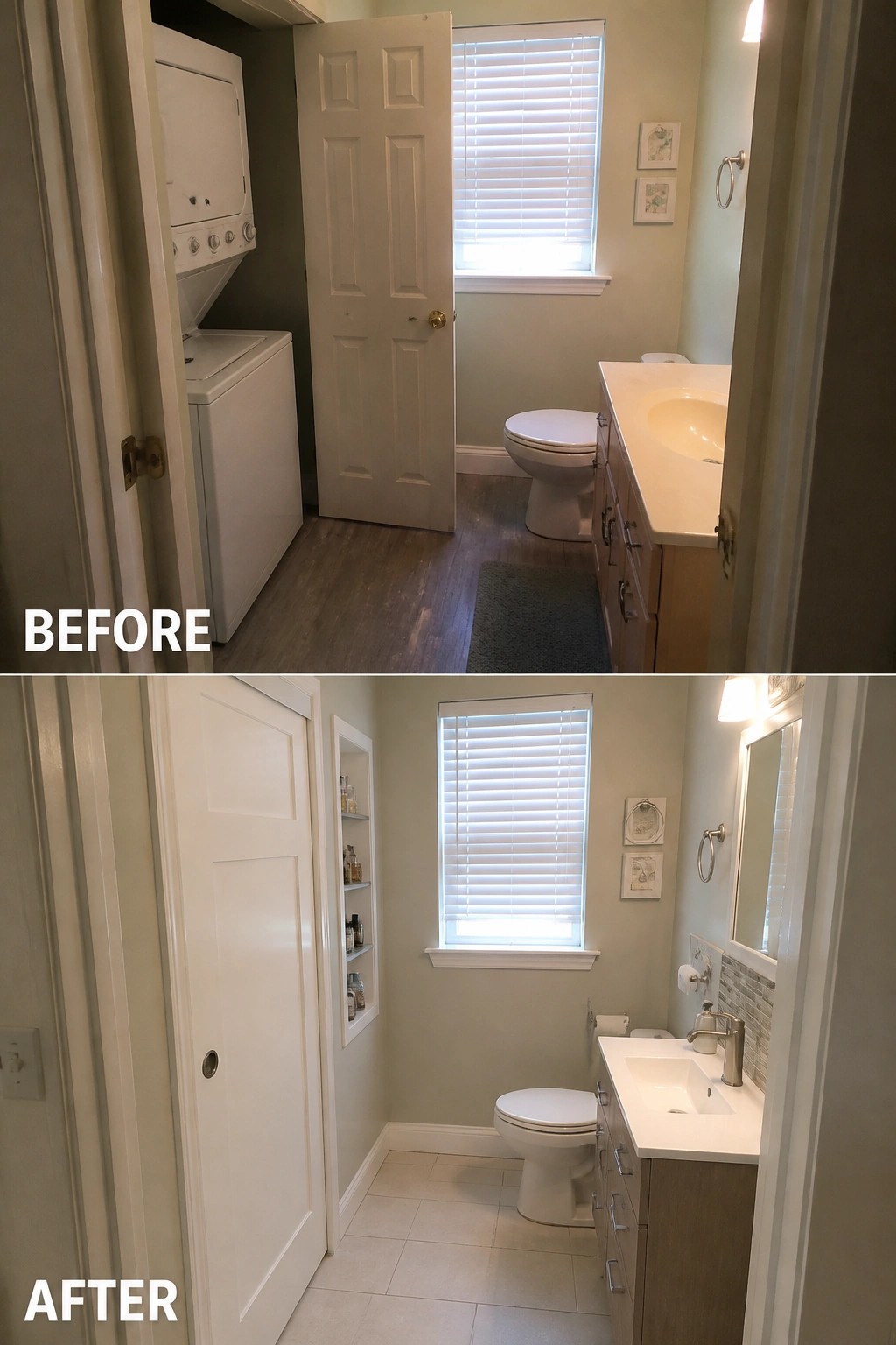 Before-and-after image of a small bathroom that shared space with a washer and dryer, now remodeled with a pocket door, built-in shelves, updated vanity, and tiled floor.