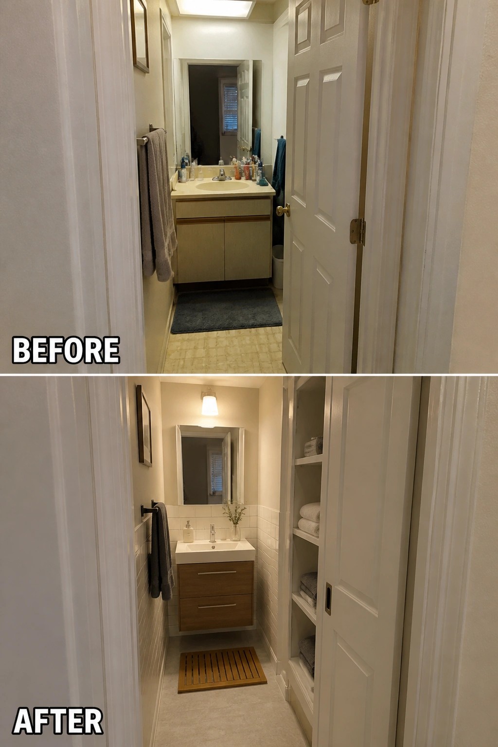 Before-and-after image of a small bathroom showing the addition of built-in shelving and an updated floating vanity after a pocket door installation.