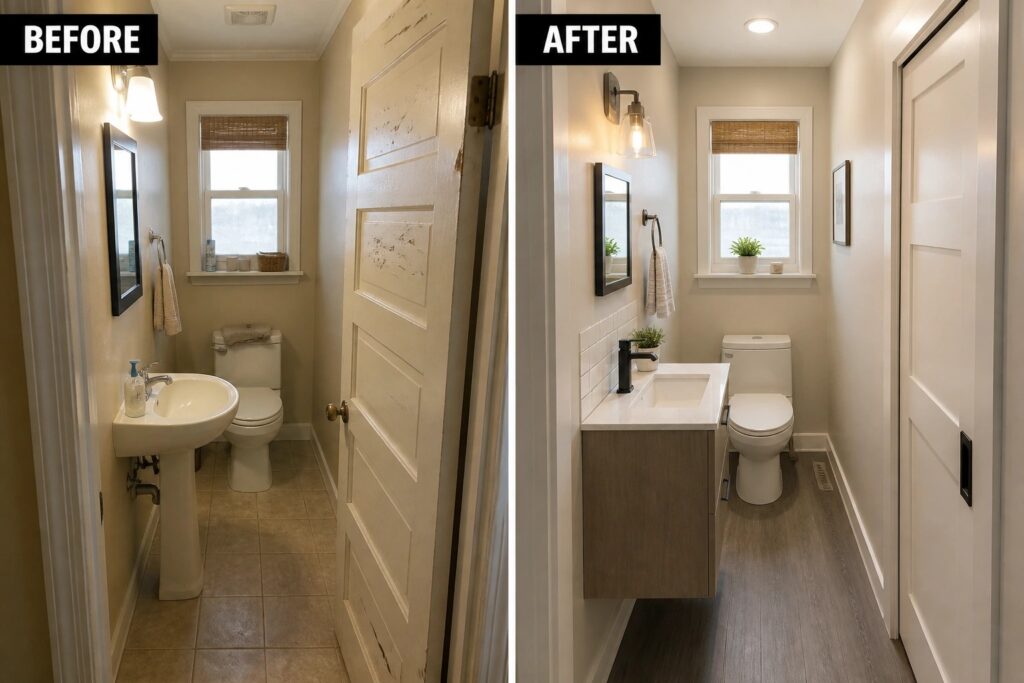 Before-and-after image of a narrow bathroom showing a pedestal sink and old flooring replaced with a floating vanity, new gray flooring, and updated fixtures.