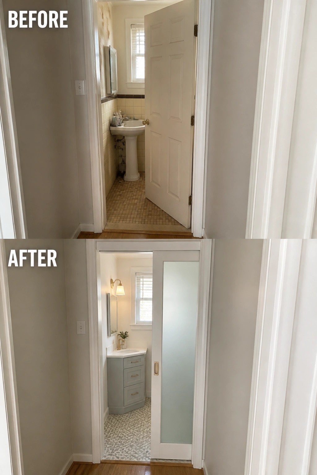 Before and after bathroom remodel showing old pedestal sink and new vanity with frosted door.