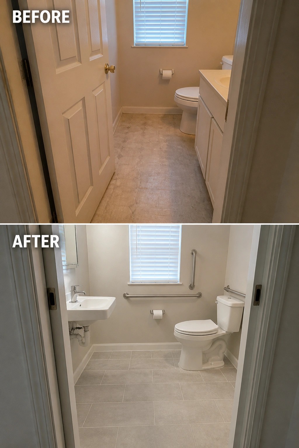 Before-and-after image of a small bathroom showing a swinging door replaced by a pocket door with fixtures rearranged for improved space and accessibility.