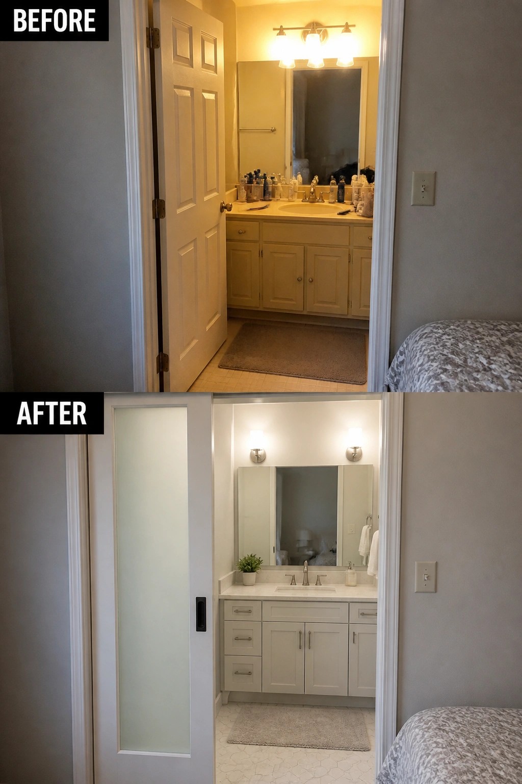 Before and after bathroom remodel with white vanity, frosted door, and updated lighting