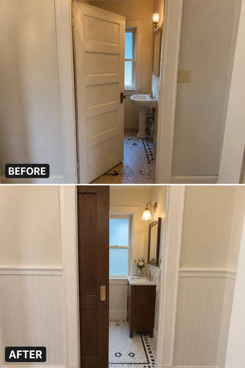 Before-and-after image of a small bathroom where a white swinging door was replaced by a dark wood pocket door and the pedestal sink was updated to a vanity.