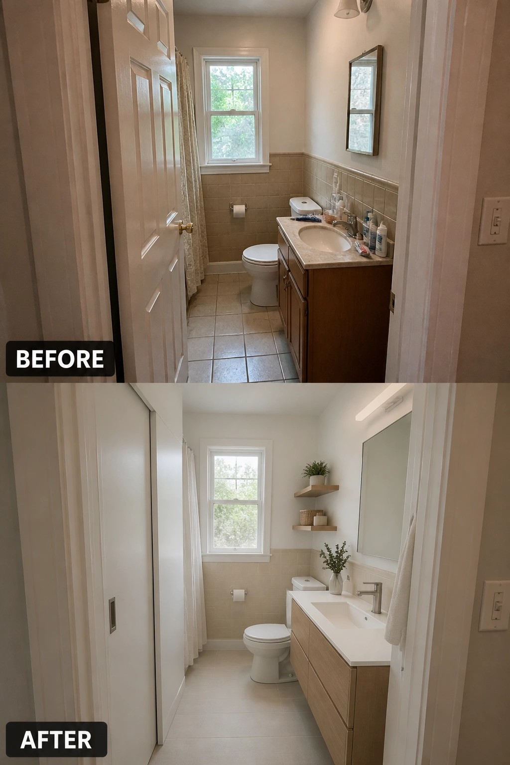 Before-and-after image of a small bathroom showing a hinged door replaced by a pocket door, with an updated vanity and lighter finishes.