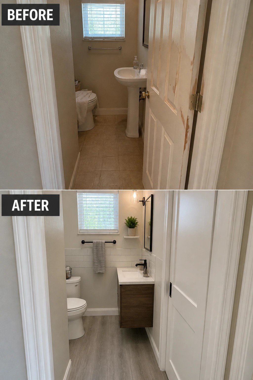 Before-and-after image of a narrow bathroom showing a pedestal sink and old flooring replaced with a floating vanity, new gray flooring, and updated fixtures.