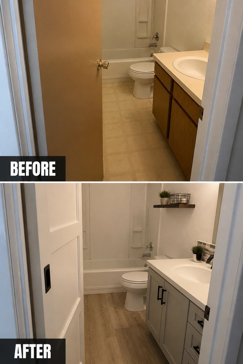 Before-and-after bathroom remodel with new white cabinets, light wood floors, and door.