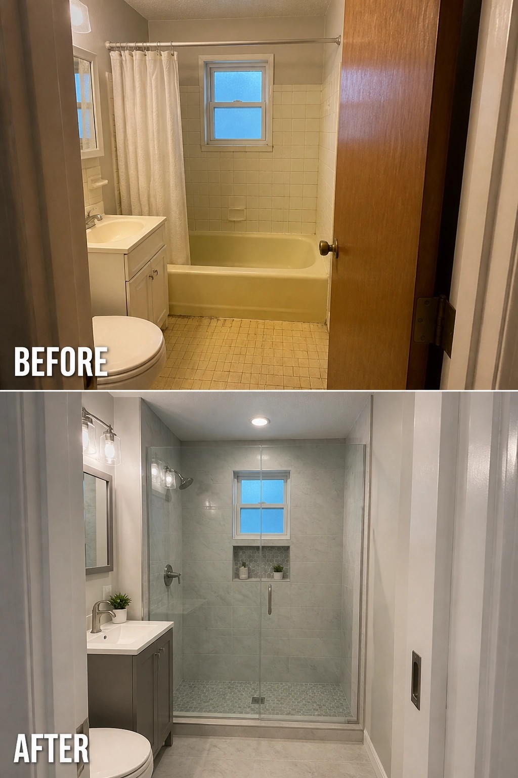 Before and after bathroom remodel with yellow tub replaced by modern glass shower.