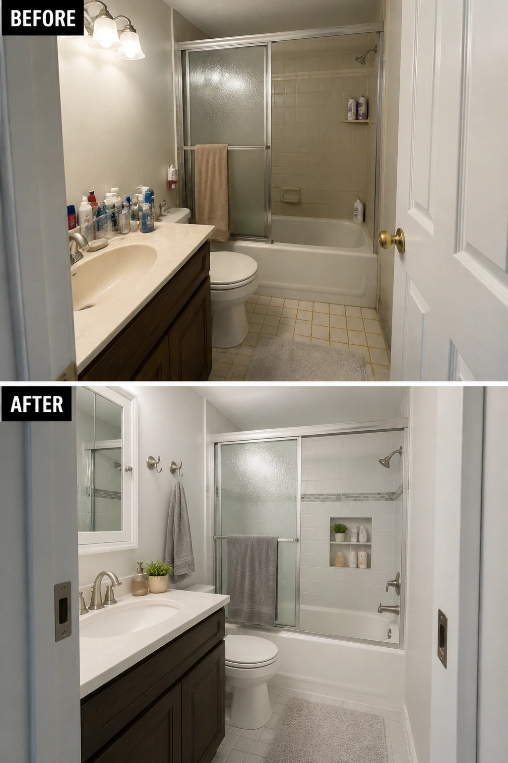 Before-and-after image of a small bathroom with updated vanity, tiles, shower, and a pocket door replacing the original swinging door.