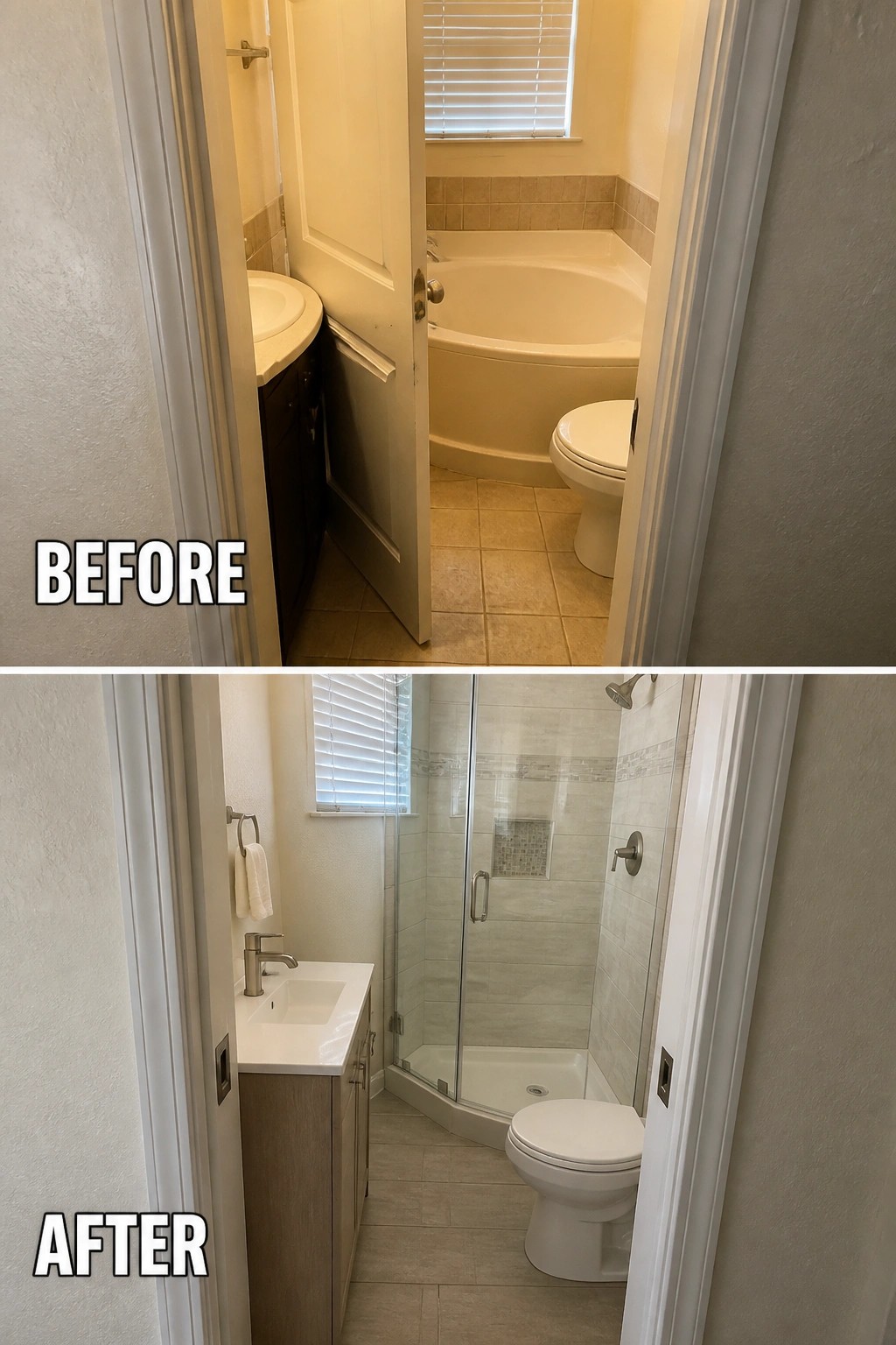 Before and after views of bathroom remodel with new shower and vanity