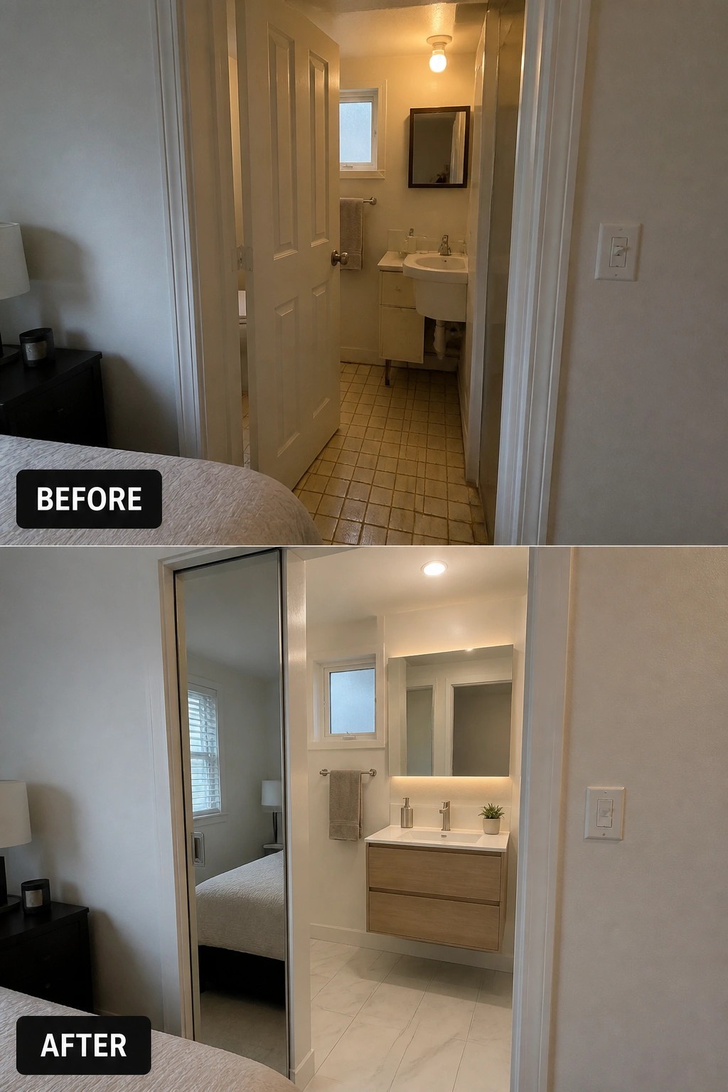 Before-and-after image of a small bathroom with a swinging door replaced by a pocket door, plus a new floating vanity and flooring.