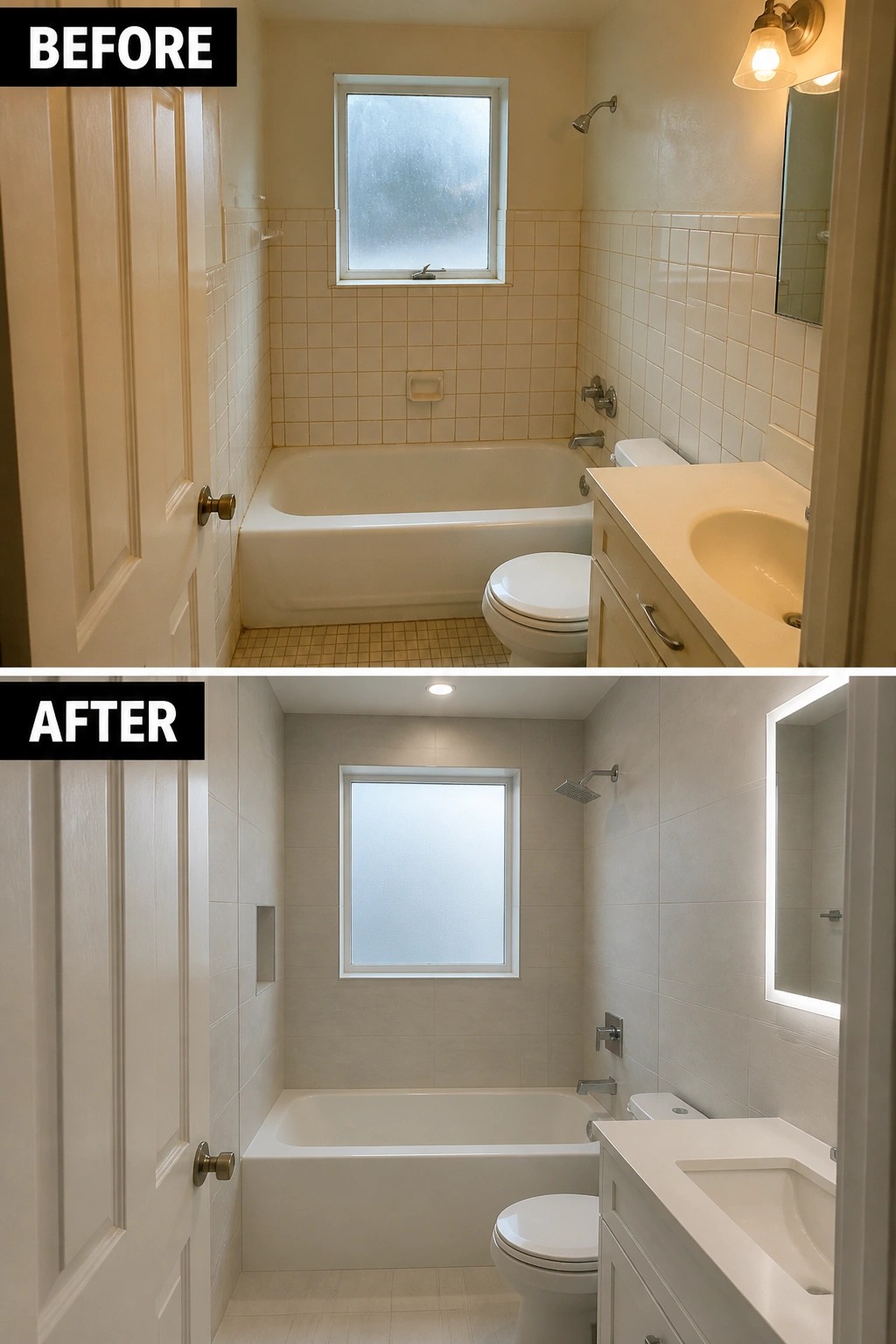 Before and after bathroom remodel with beige tiles replaced by modern gray ones.