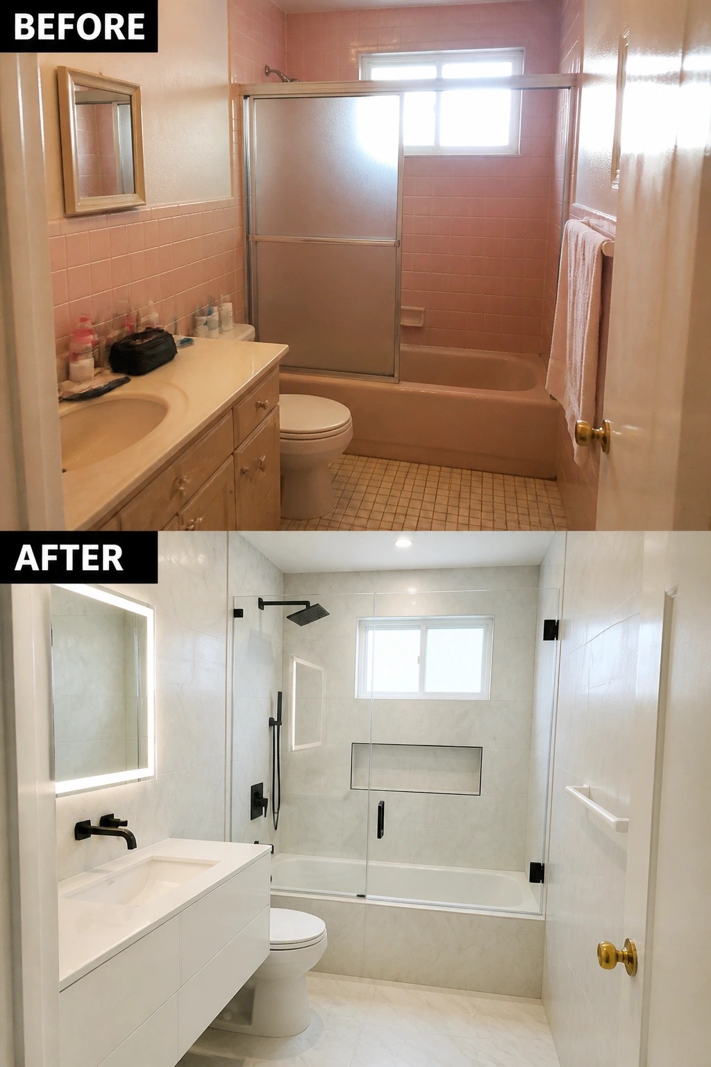 Before and after of pink tiled bathroom renovated into modern white marble space.