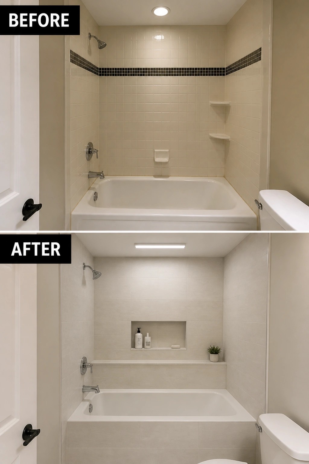 Before and after bathroom remodel with updated tiles, tub, and recessed shelf.