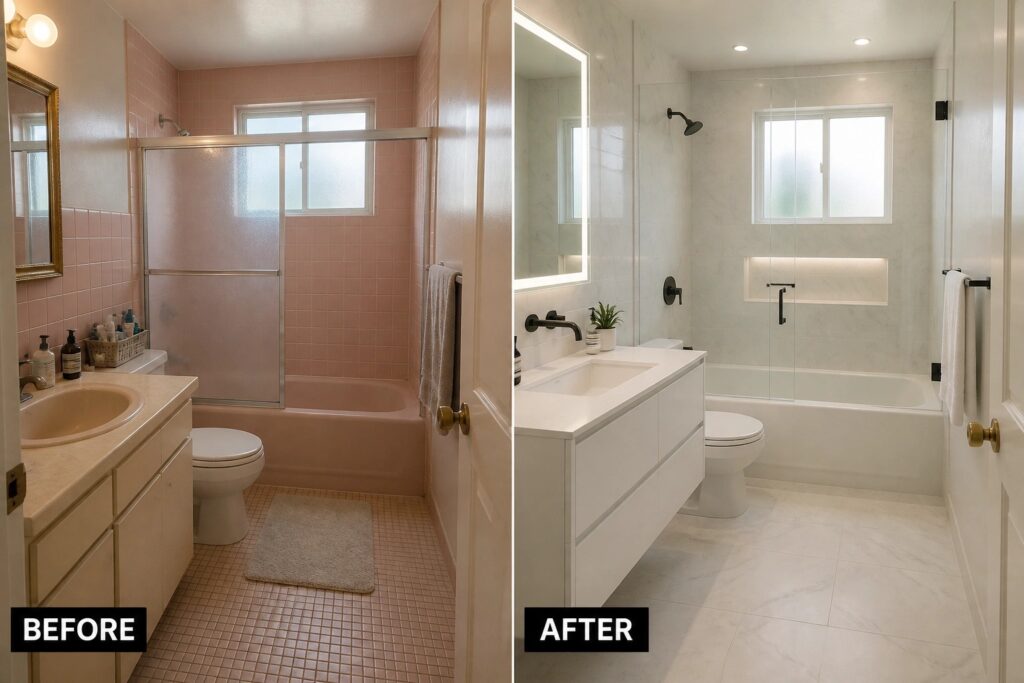 Before and after of pink tiled bathroom renovated into modern white marble space.