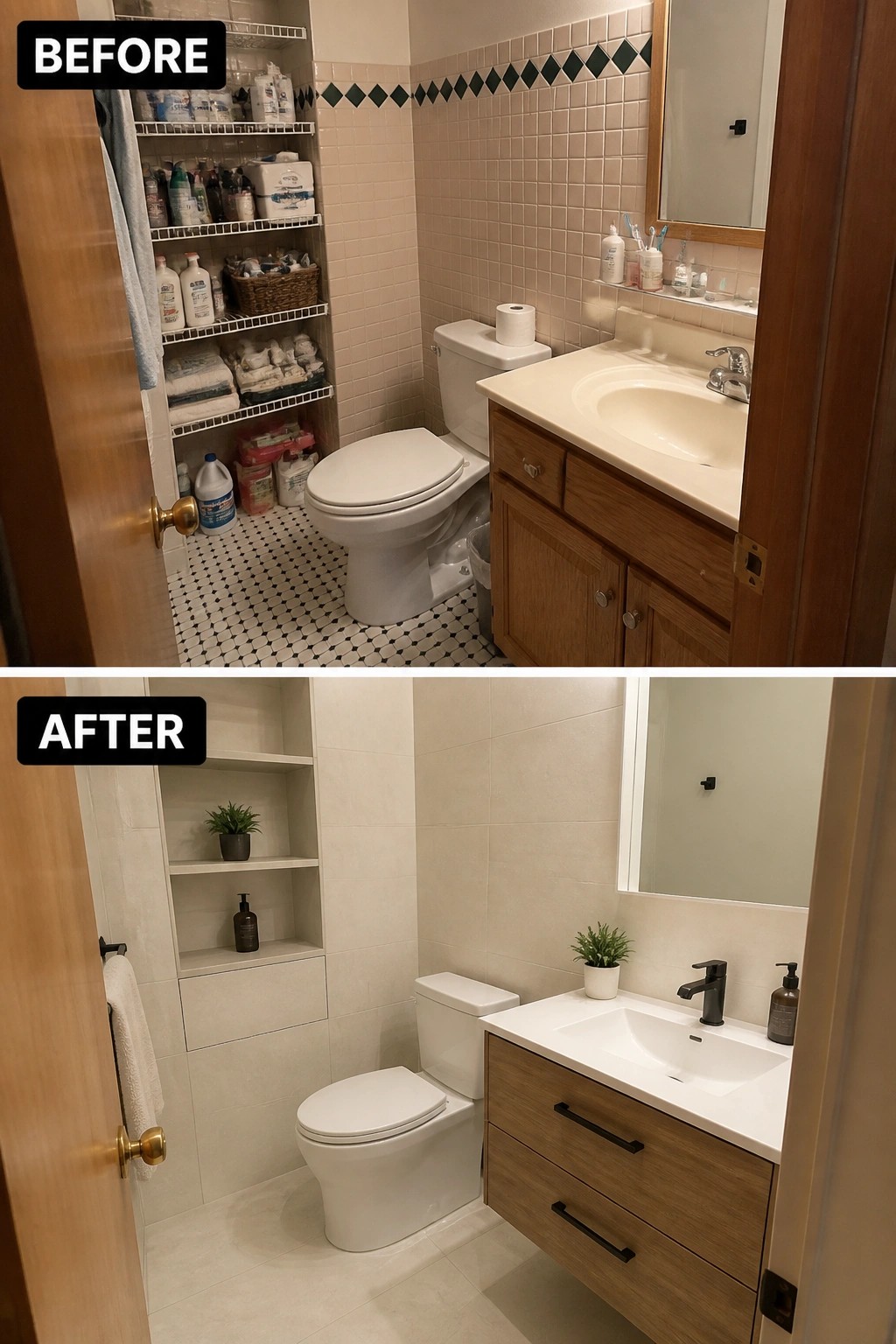 Before-and-after bathroom remodel: cluttered open shelves to sleek modern vanity and tiles.