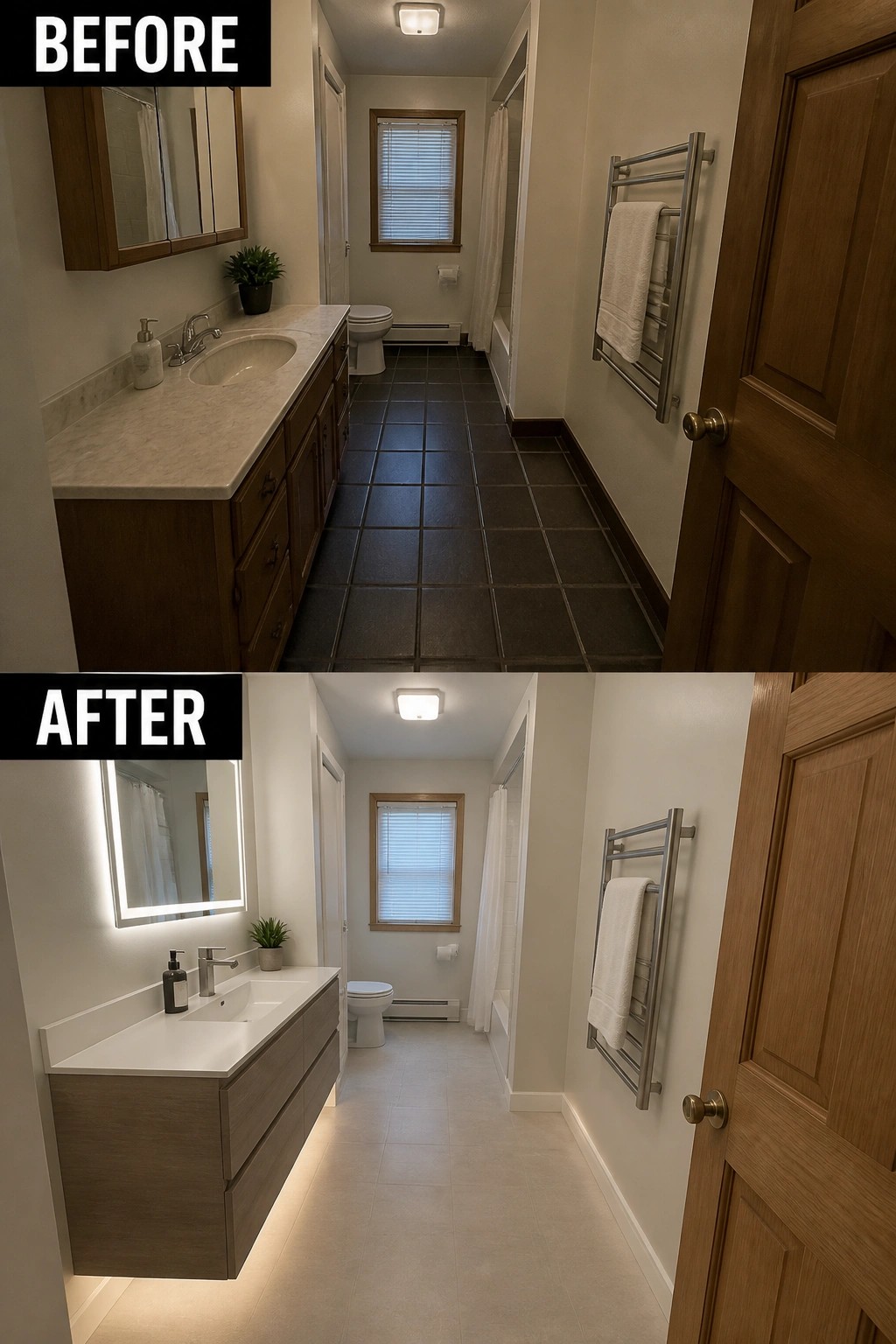 Before and after bathroom remodel showing dark wood vanity replaced by light floating cabinet