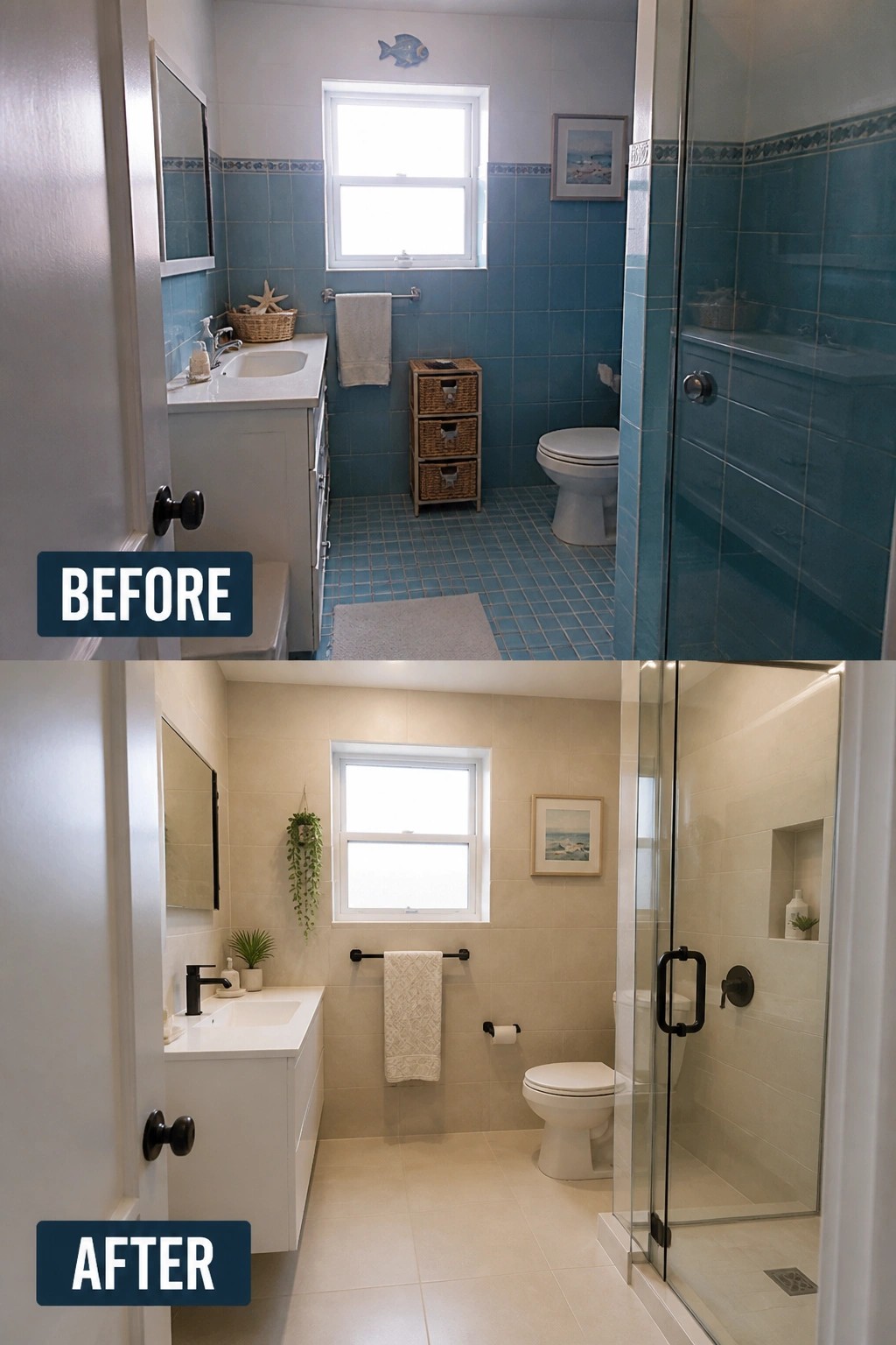 Before and after bathroom remodel from blue tiles to beige tiles.