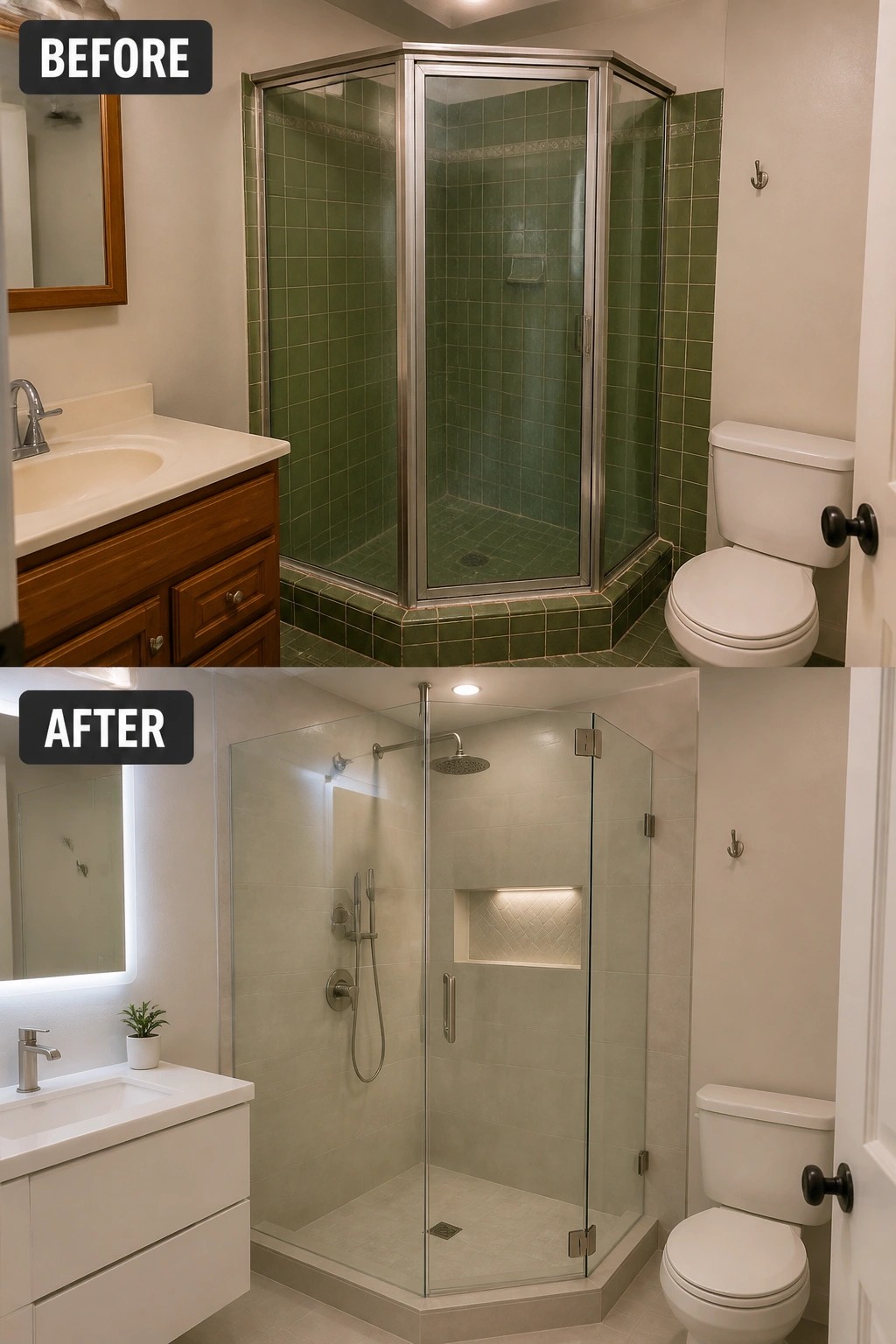 Before-and-after bathroom remodel: green-tiled shower to modern glass enclosure with white vanity.