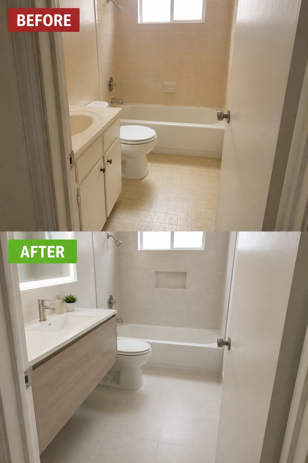 Before-and-after image of a small bathroom remodeled with large-format light tiles, a floating vanity, and updated fixtures.