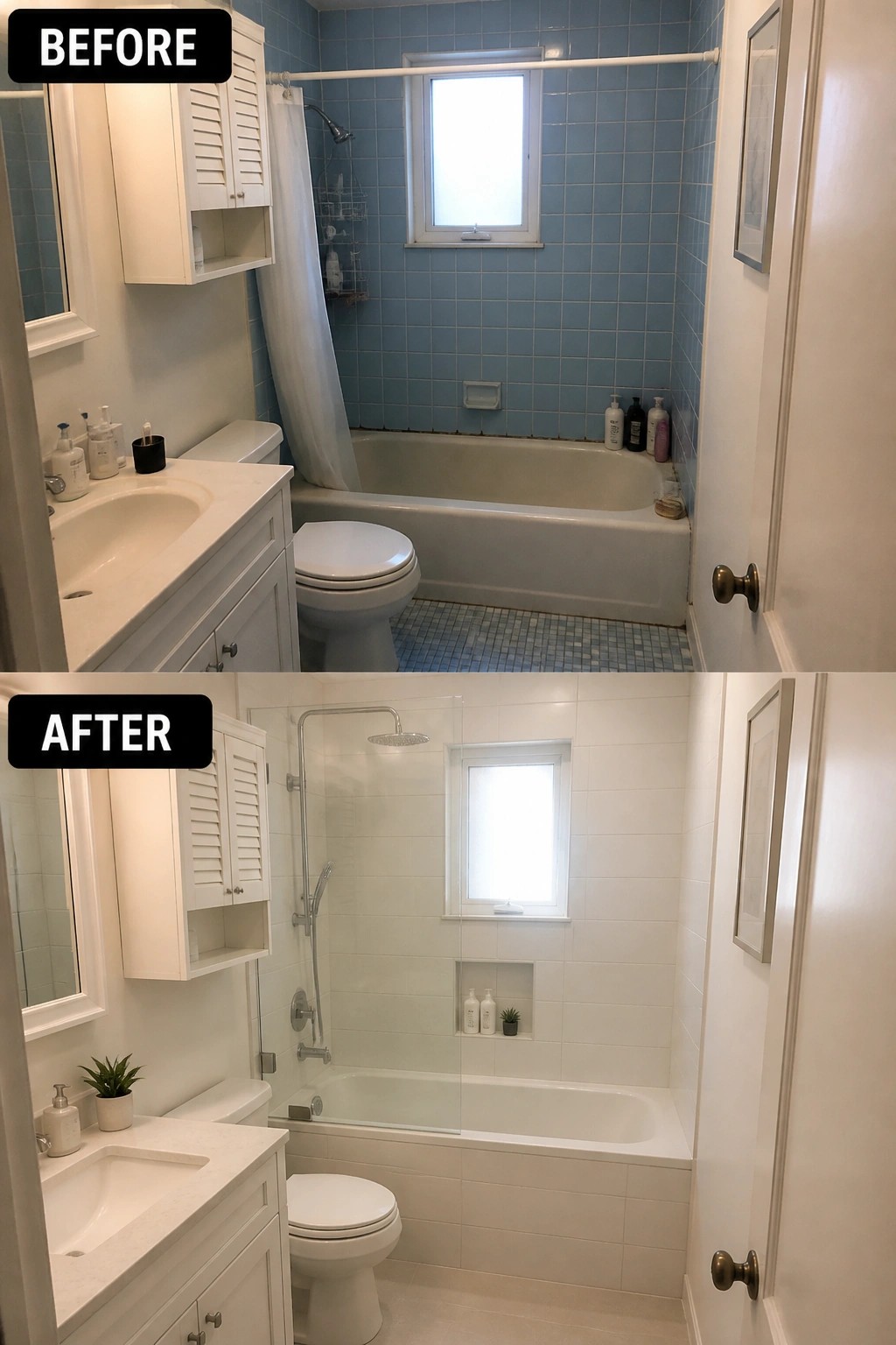 Before and after bathroom renovation with blue tiles replaced by white subway tiles