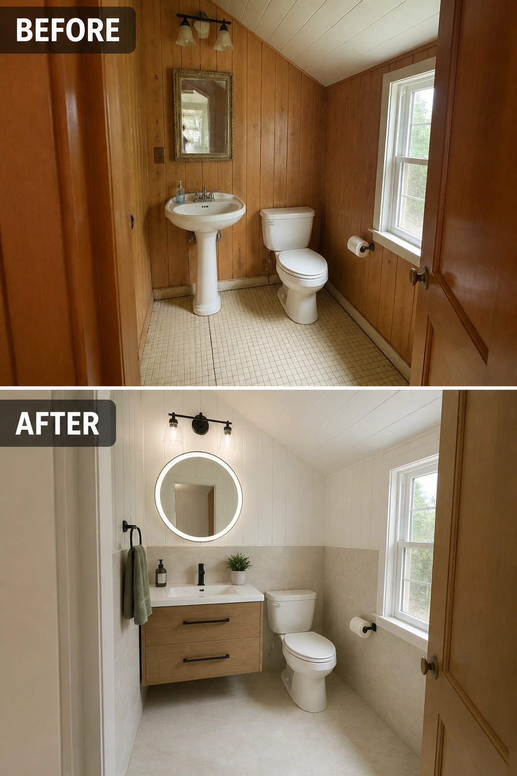 Before-and-after image of a small bathroom with dark wood paneling and small floor tiles updated with large light tiles, a floating vanity, and brighter lighting.