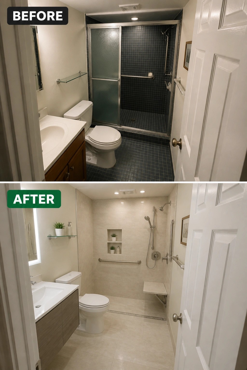 Before and after bathroom remodel: dark blue tiles to light beige modern design.