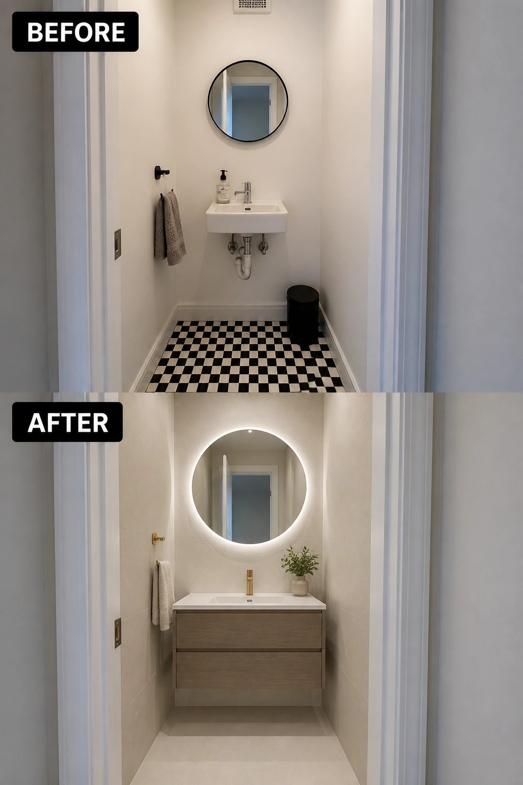 Before and after narrow bathroom remodel with new vanity, backlit mirror, and tiles.