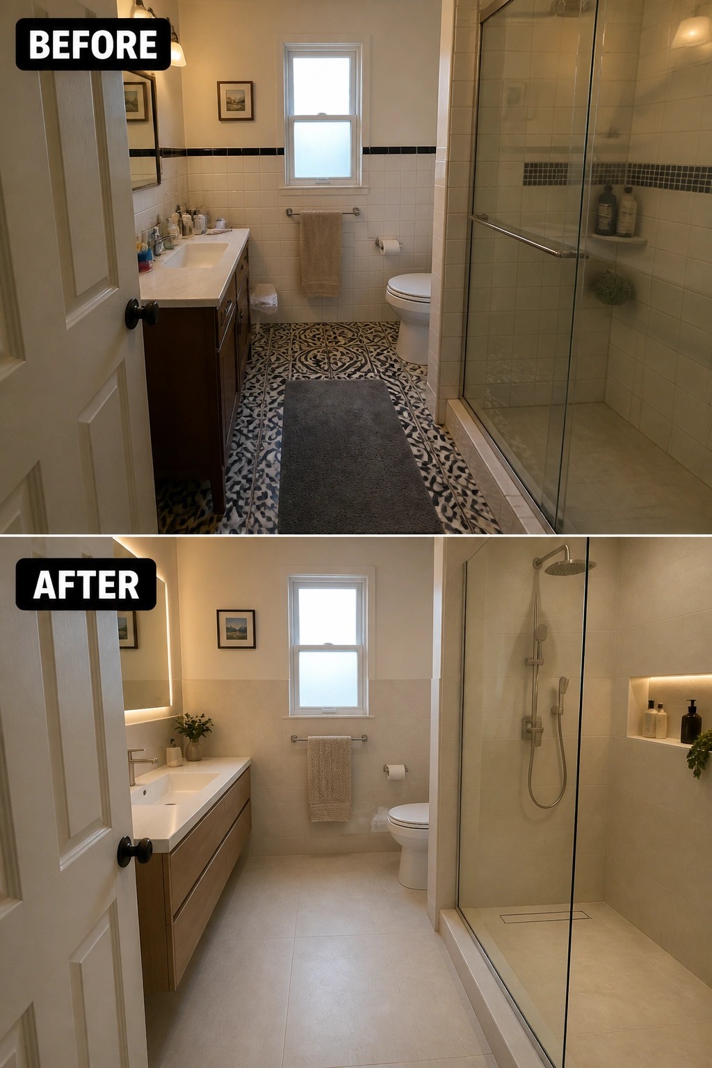 Before and after bathroom renovation with updated light vanity, shower, and tiles.
