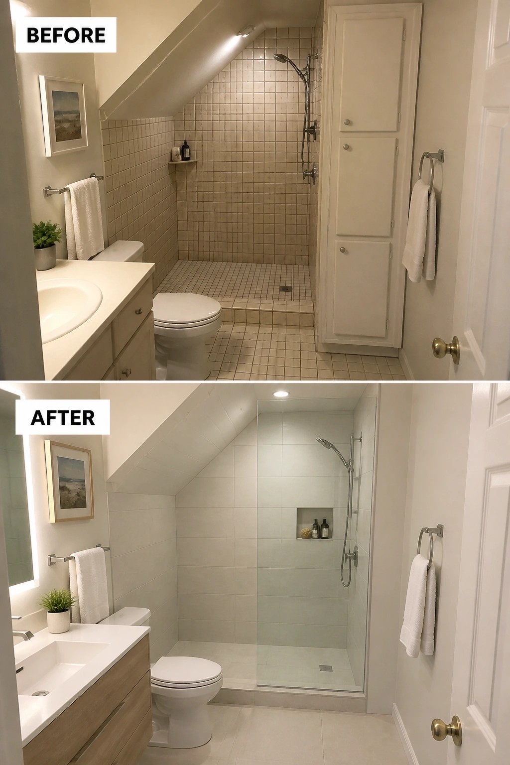 Before and after views of a renovated bathroom with updated tiles and shower.