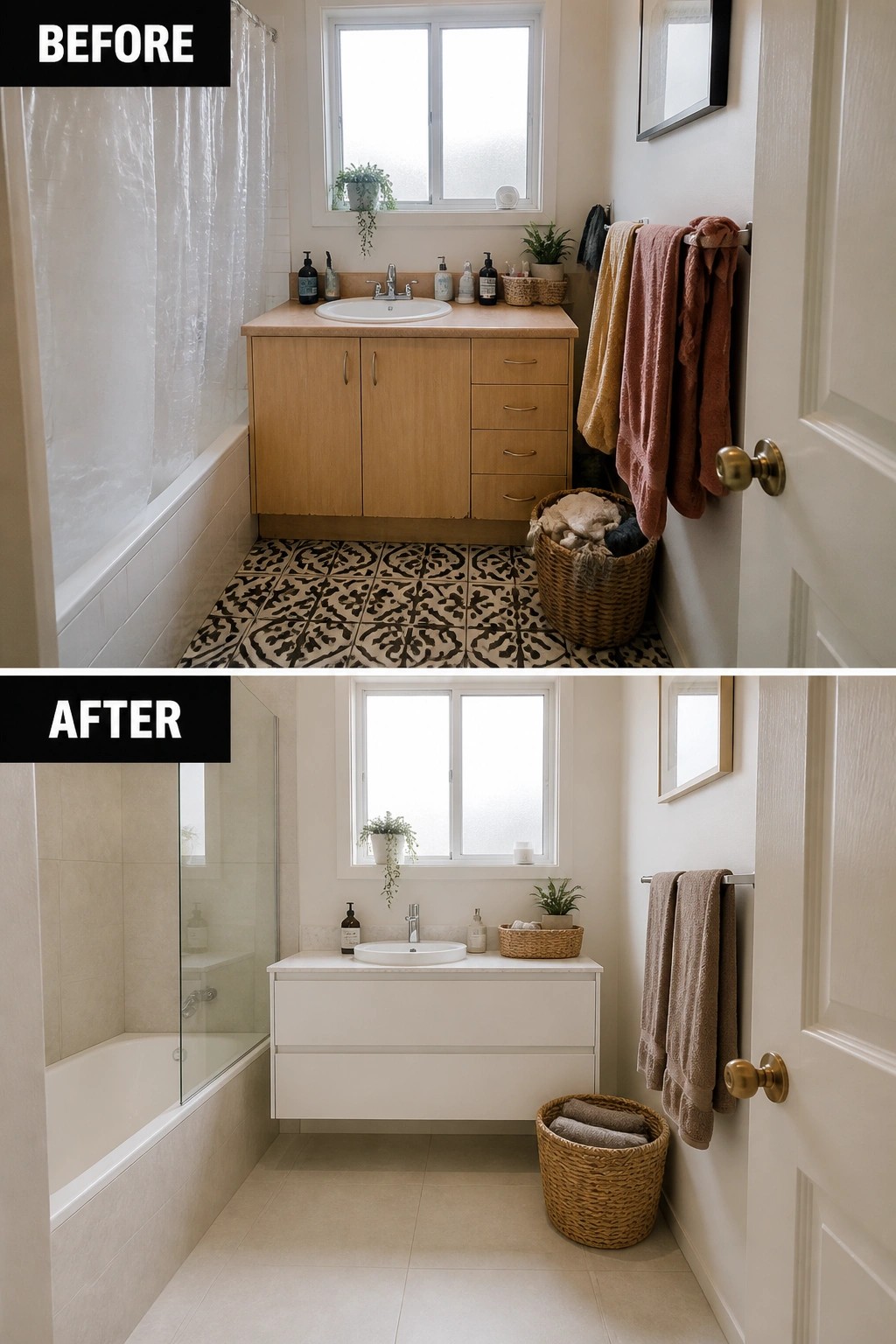 Before-and-after image of a small bathroom remodeled with large light tiles on the floor and walls, a white floating vanity, and a glass shower enclosure.