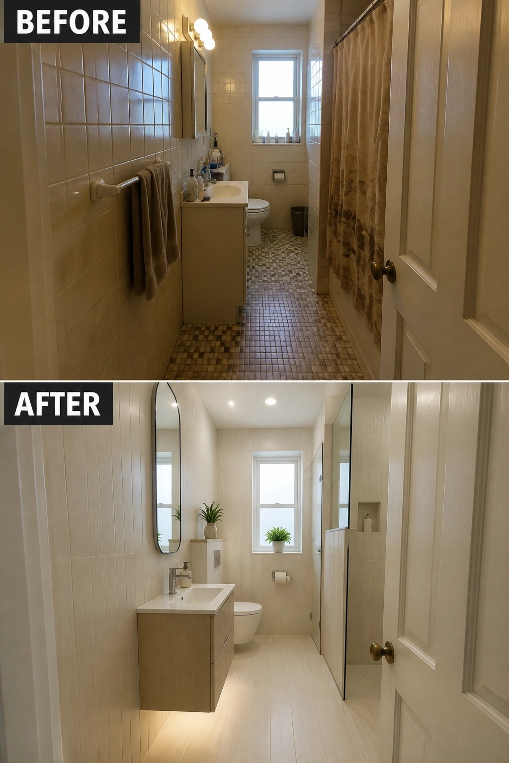 Before-and-after views of narrow bathroom renovated from beige tiles to light wood modern style.