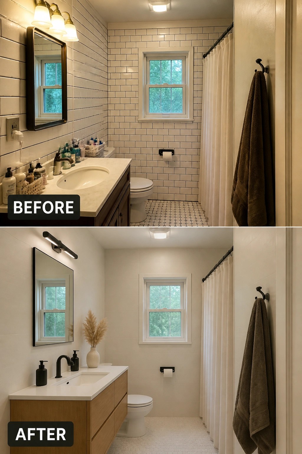 Before-and-after image of a small bathroom remodeled with large light wall tiles, a light wood vanity, and updated fixtures.
